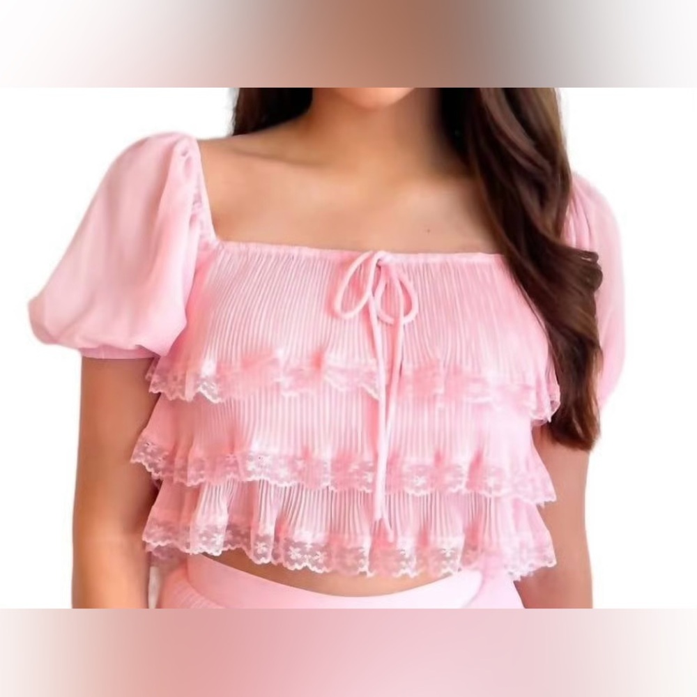 Liberty Faire Idem Ditto Pink Lindsay Ruffled Crop Top Blouse - S